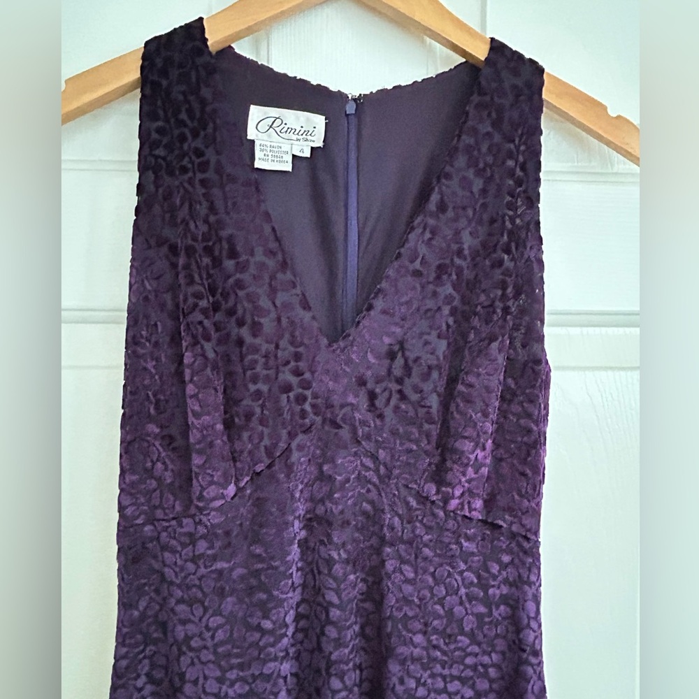 Vintage Rimini by Shaw Evening Dress Deep Purple Lined Sheer Leaf Velvet Sz 4